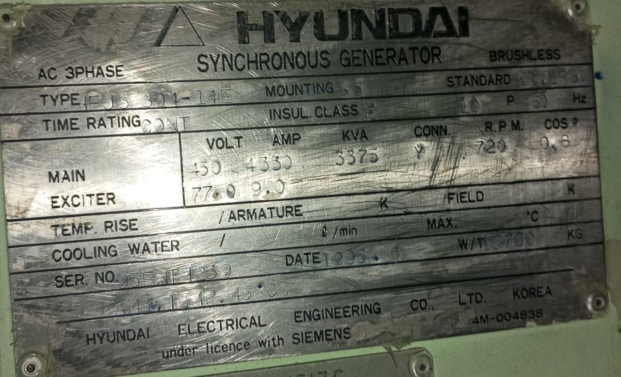 Hyundai Synchronous Generator nameplate showing 3375 KVA, 4350 V, 720 RPM, cos phi 0.8, class F